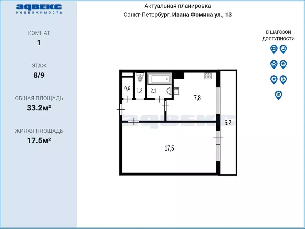 1-к кв. Санкт-Петербург ул. Ивана Фомина, 13К1 (33.2 м) - Фото 2
