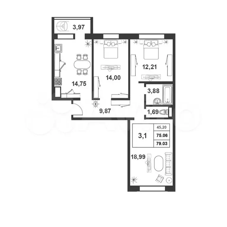 3-к. квартира, 75 м, 5/9 эт. - Фото 1