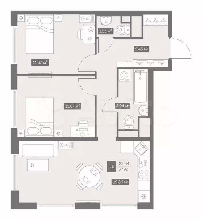 2-к. квартира, 57,9 м, 5/10 эт. - Фото 0