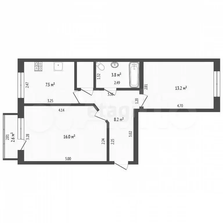 2-к. квартира, 50,1 м, 4/5 эт. - Фото 0