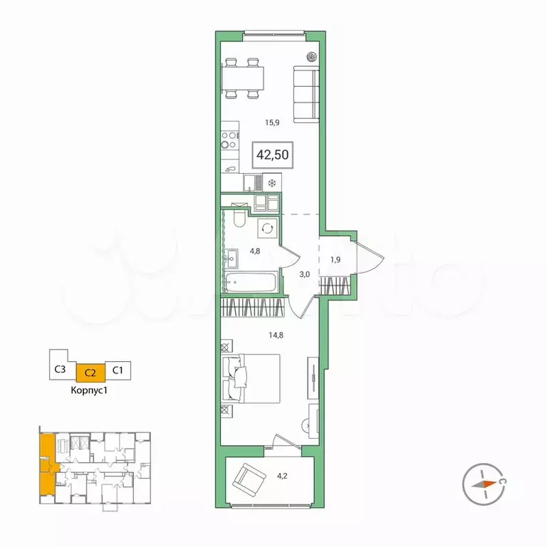 1-к. квартира, 42,5 м, 5/12 эт. - Фото 0