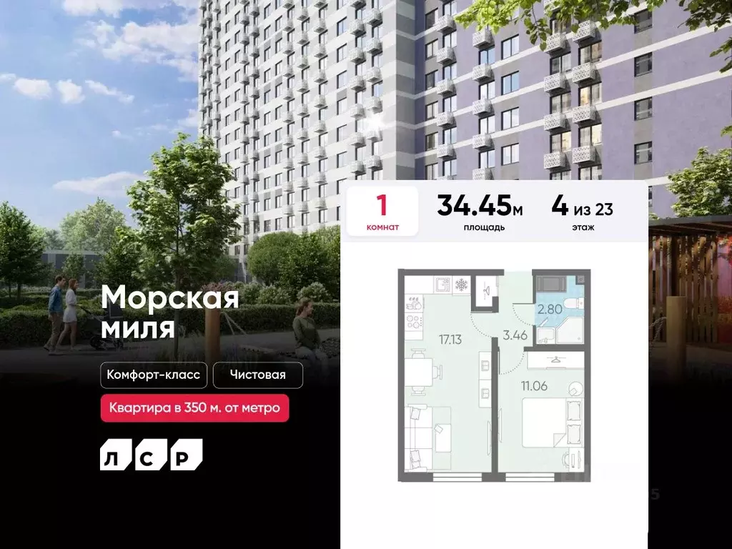 1-к кв. Санкт-Петербург Морская миля жилой комплекс (34.45 м) - Фото 0