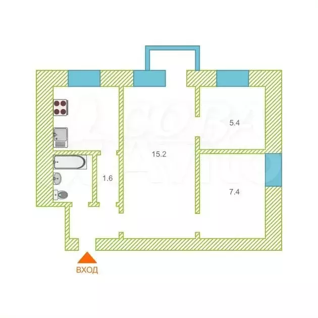 2-к. квартира, 42,4 м, 4/5 эт. - Фото 0