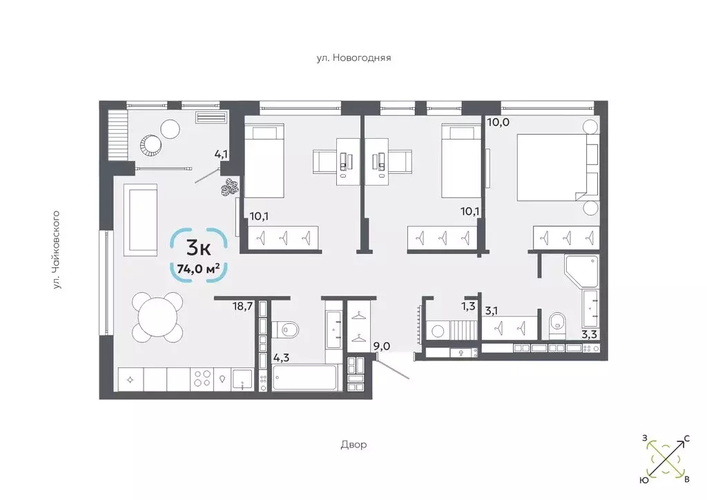 3-комнатная квартира: Тюмень, Сосьвинская улица, 33к1 (74 м) - Фото 0