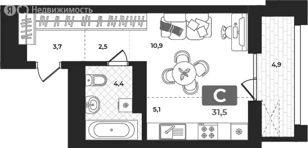 Квартира-студия: Тюмень, улица Разведчика Кузнецова, 16 (31.5 м) - Фото 1