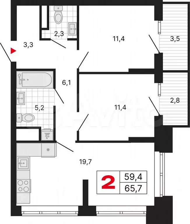 2-к. квартира, 65,7 м, 14/29 эт. - Фото 1