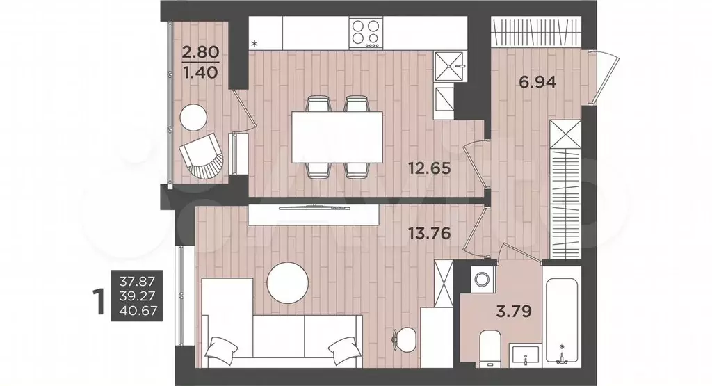 1-к. квартира, 40,7 м, 9/9 эт. - Фото 1