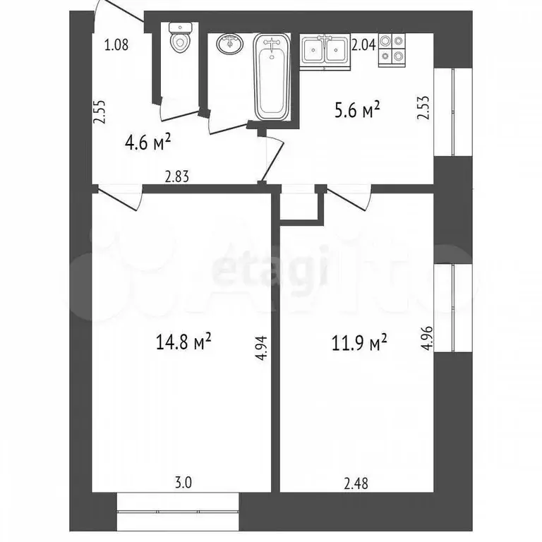 2-к. квартира, 45,5 м, 3/5 эт. - Фото 0