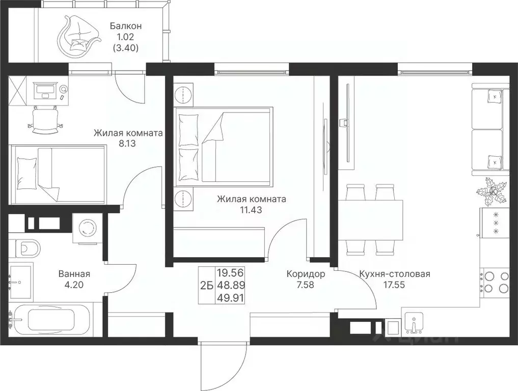 2-к кв. Татарстан, Лаишевский район, Столбищенское с/пос, с. Усады  ... - Фото 1