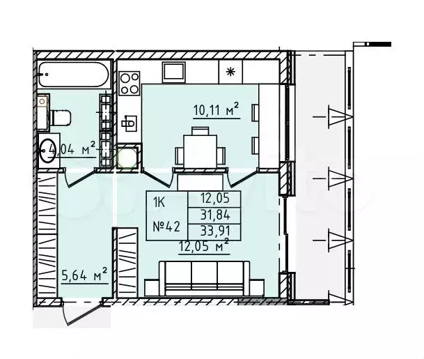 1-к. квартира, 33,9 м, 5/5 эт. - Фото 0