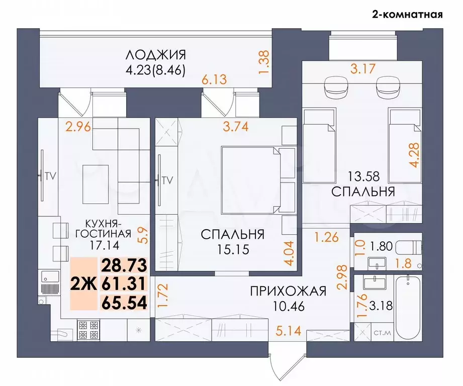 2-к. квартира, 70 м, 7/14 эт. - Фото 1