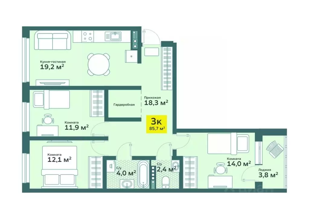 3-к кв. Тюменская область, Тюмень ул. Сергея Свиридова, 11 (85.65 м) - Фото 0