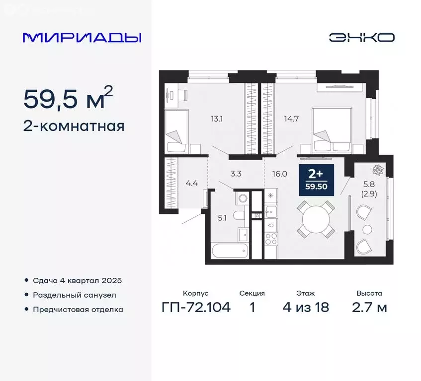 2-комнатная квартира: Тюмень, ЖК Мириады (59.5 м) - Фото 0