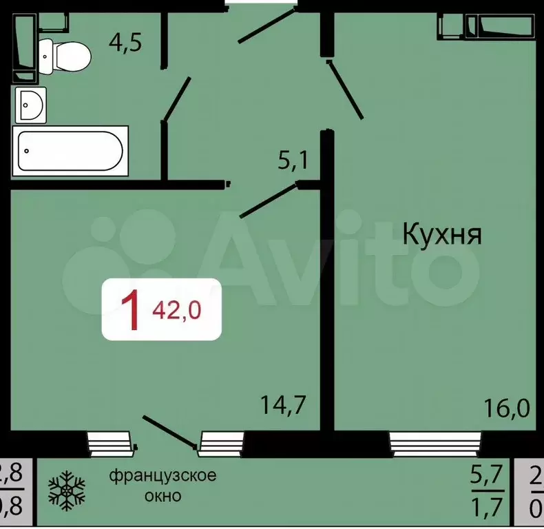 1-к. квартира, 42 м, 14/17 эт. - Фото 0