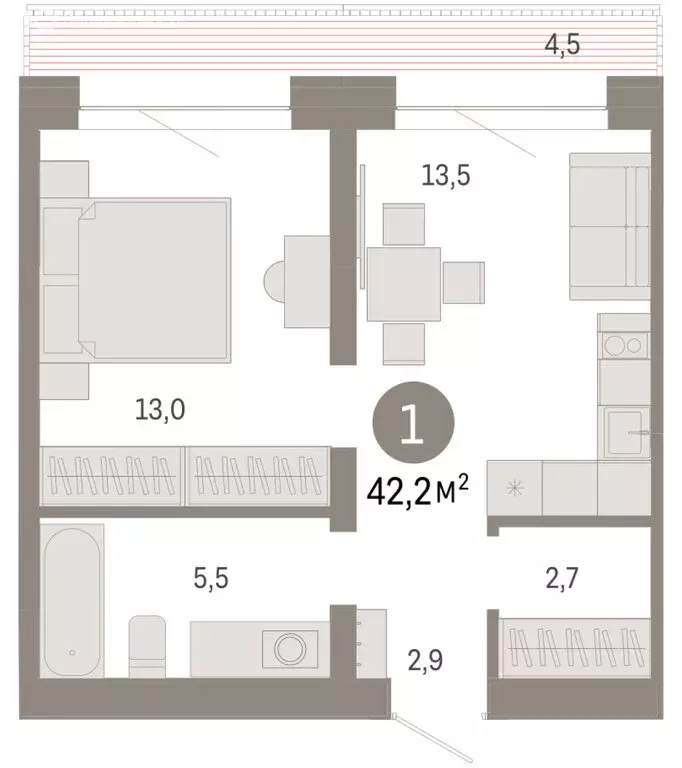 1-комнатная квартира: Тюмень, Причальная улица, 7 (42.17 м) - Фото 1