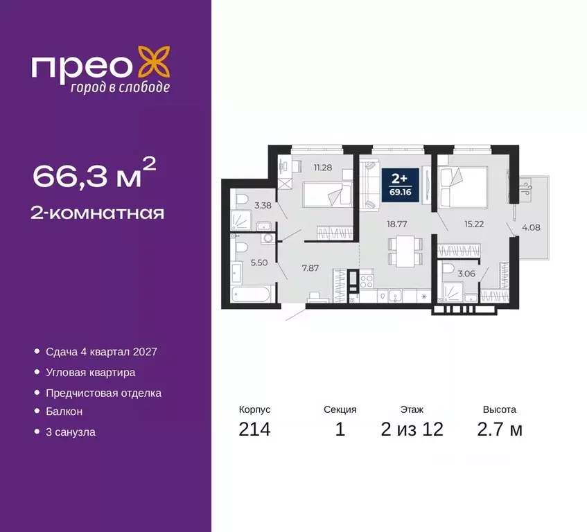 2-к кв. Тюменская область, Тюмень Тюменская Слобода мкр, Прео жилой ... - Фото 1