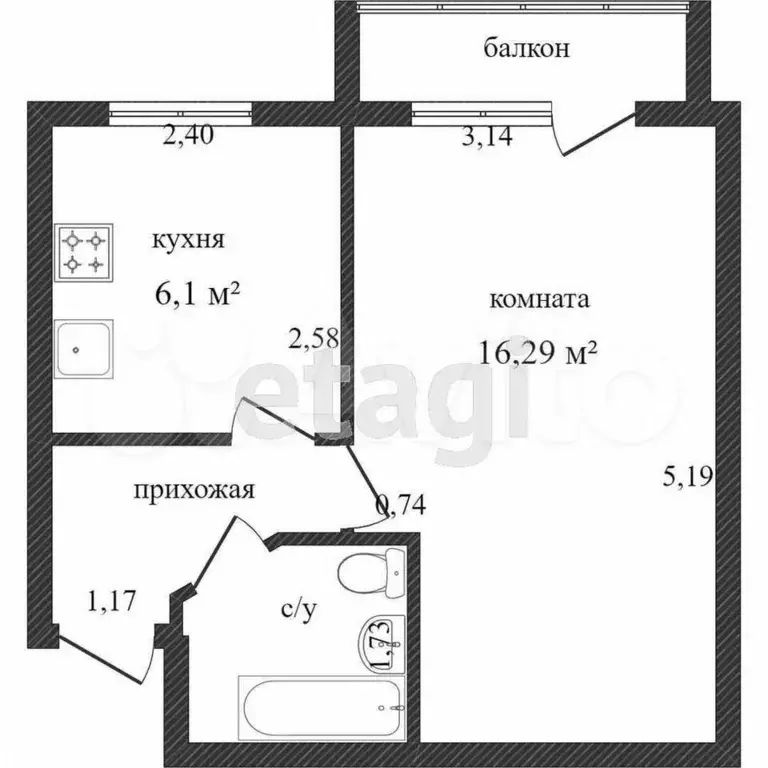 1-к. квартира, 27,3 м, 2/5 эт. - Фото 0