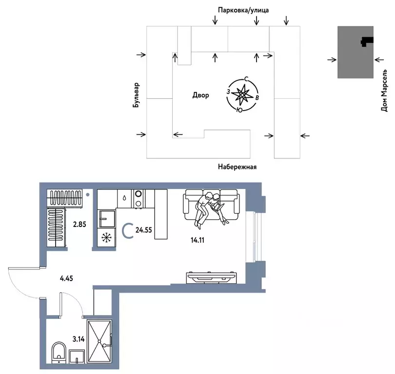 Студия Тюменская область, Тюмень Береговая ул., 100к2 (24.55 м) - Фото 0