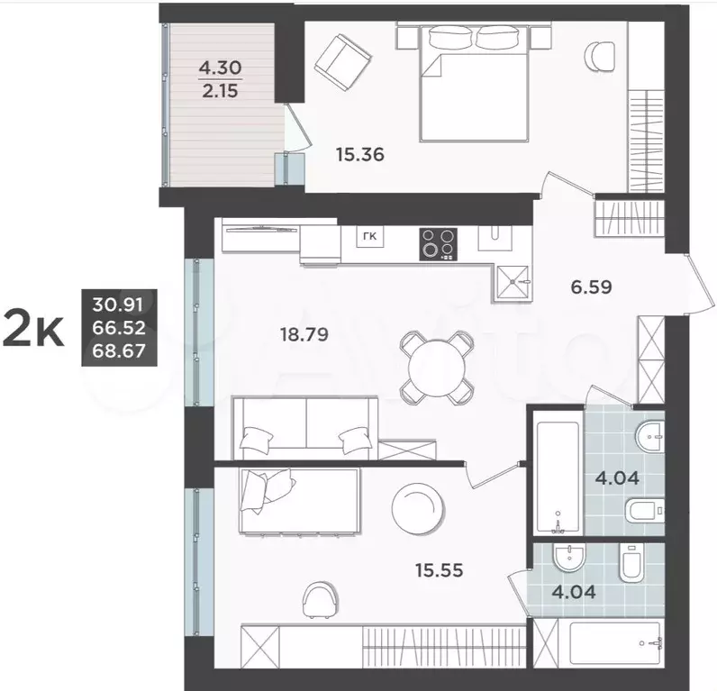 2-к. квартира, 65,6 м, 1/9 эт. - Фото 1