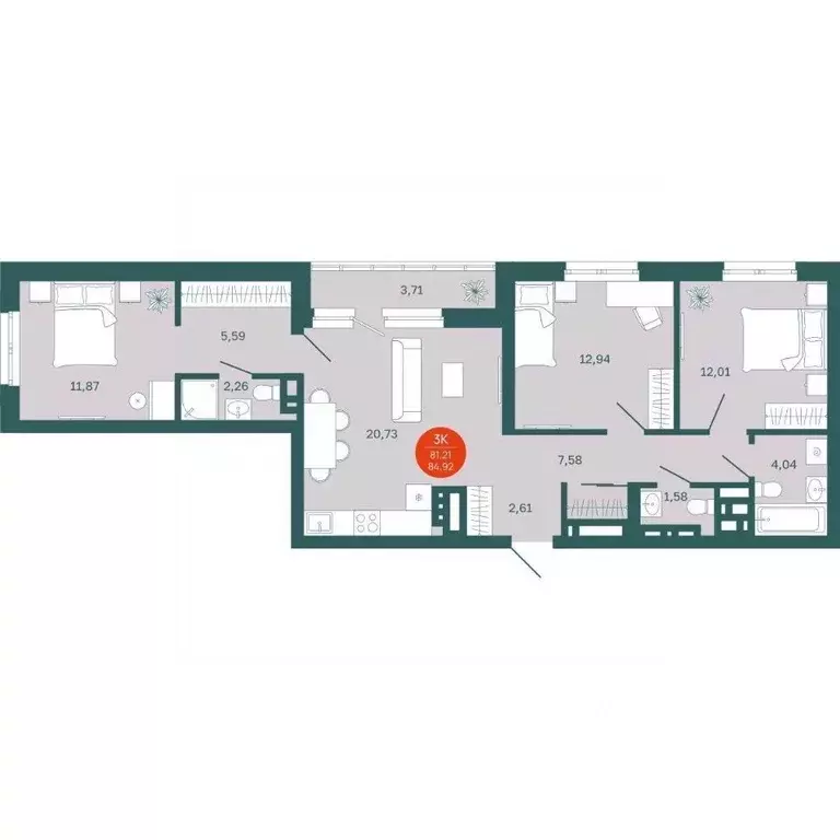 3-к кв. Тюменская область, Тюмень Одесская ул., 7к2 (81.21 м) - Фото 0