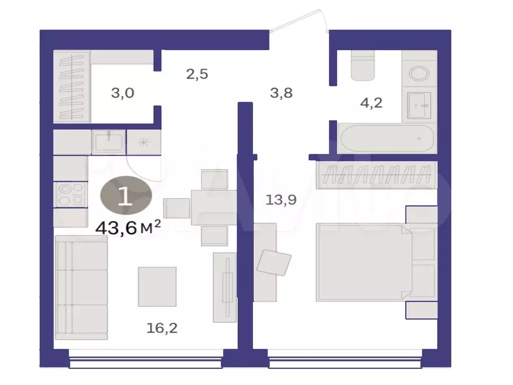 1-к. квартира, 43,6м, 2/6эт. - Фото 1