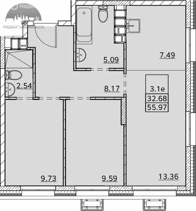 3-комнатная квартира: Казань, улица Ярышлар, 8 (56.91 м) - Фото 1