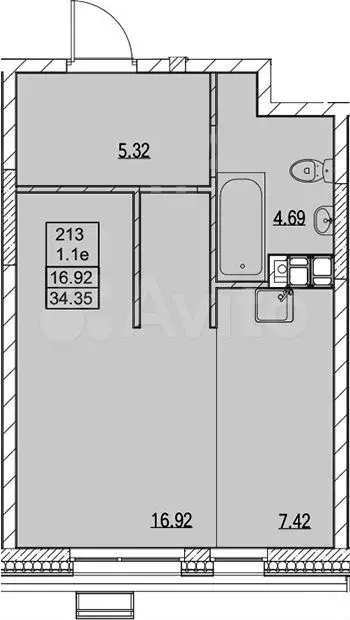 Квартира-студия, 34,4м, 5/14эт. - Фото 1