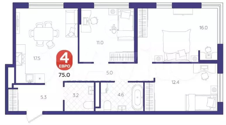 3-к. квартира, 75 м, 2/15 эт. - Фото 1