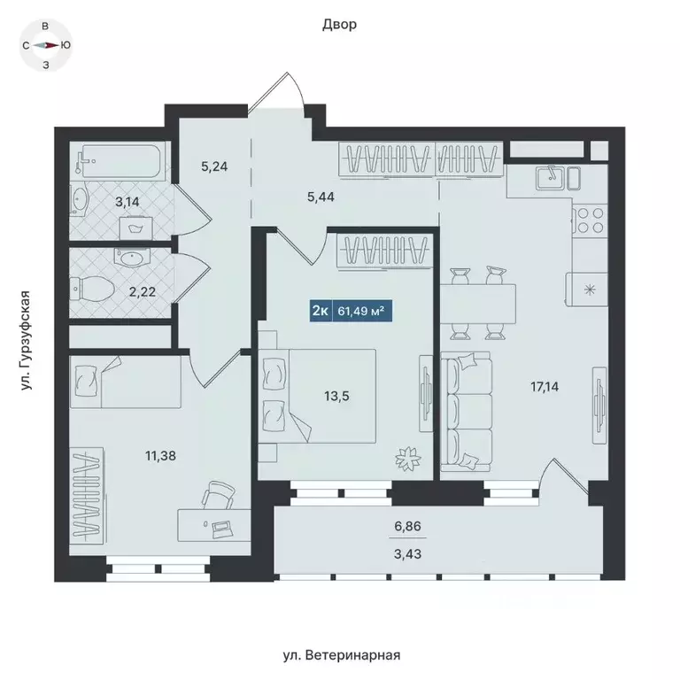 2-к кв. Свердловская область, Екатеринбург ул. Ветеринарная (61.49 м) - Фото 0