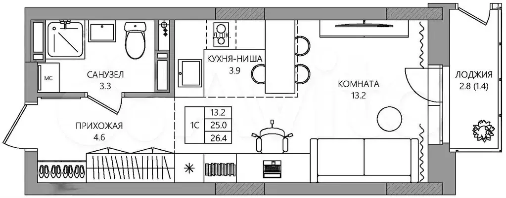 Квартира-студия, 26,4 м, 7/9 эт. - Фото 0