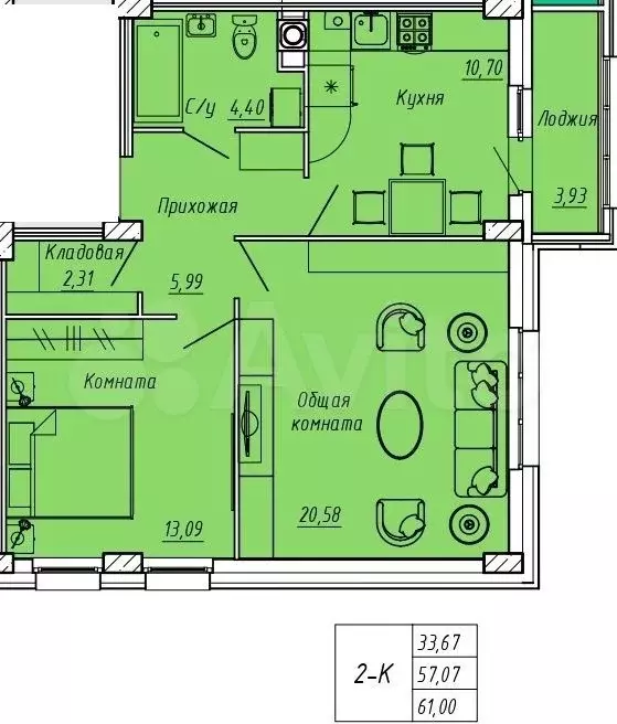 2-к. квартира, 61 м, 1/9 эт. - Фото 0