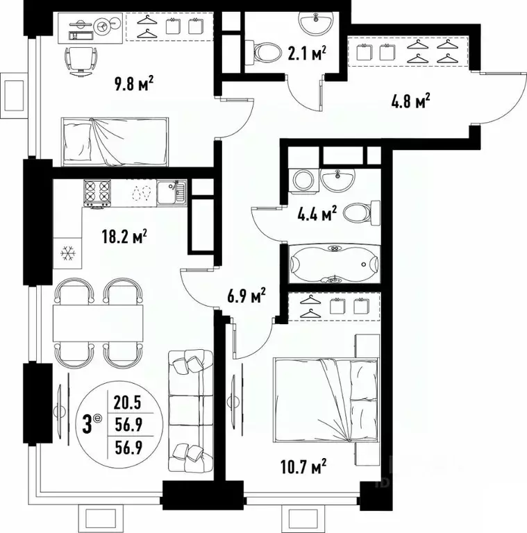 3-к кв. Астраханская область, Астрахань ул. Бэра, 29 (56.9 м) - Фото 2