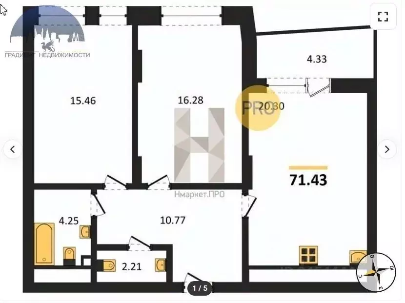 3-к кв. Татарстан, Казань 33-й Военный городок, 5к2 (71.43 м) - Фото 1