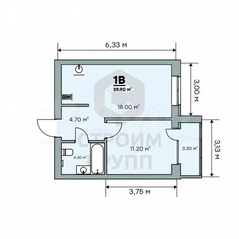 1-к. квартира, 39,9м, 6/9эт. - Фото 1