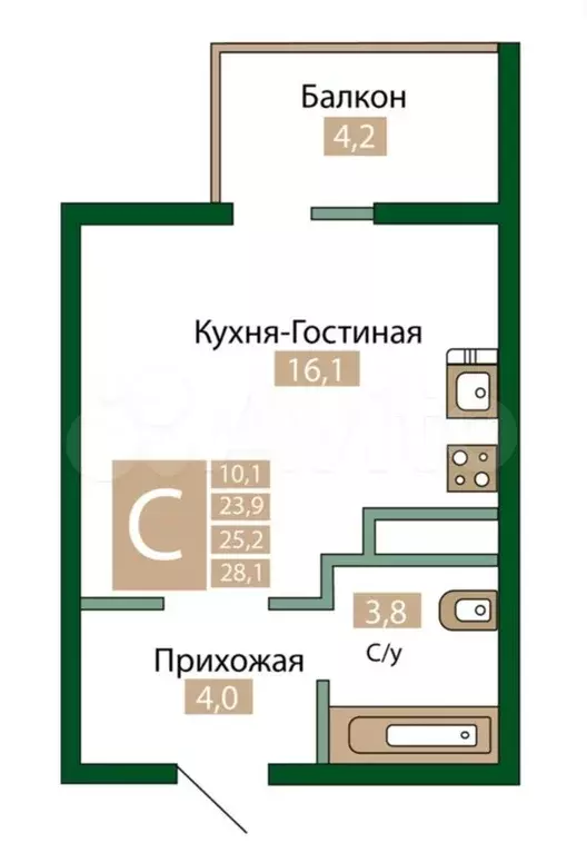 Квартира-студия, 25,2 м, 8/12 эт. - Фото 0