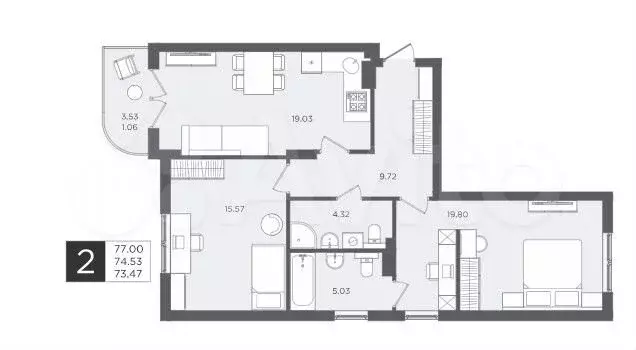 2-к. квартира, 77 м, 4/4 эт. - Фото 1