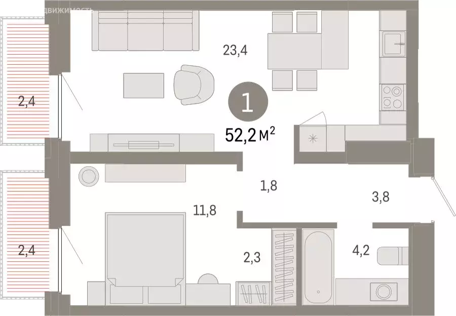 1-комнатная квартира: Тюмень, Мысовская улица, 26к2 (52.23 м) - Фото 1