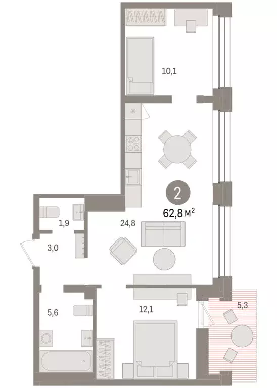 2-комнатная квартира: Тюмень, улица Муравленко, 9/2 (62.78 м) - Фото 1