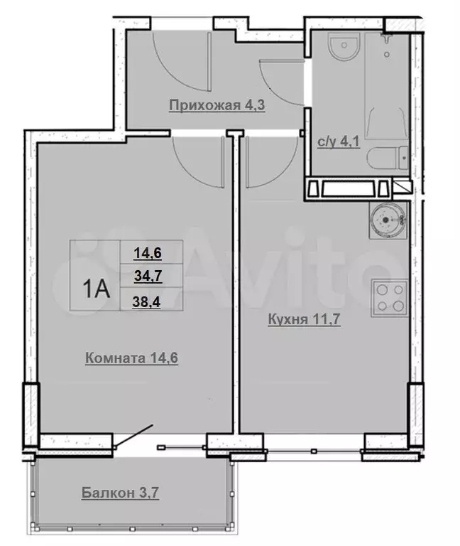 1-к. квартира, 38 м, 6/9 эт. - Фото 0