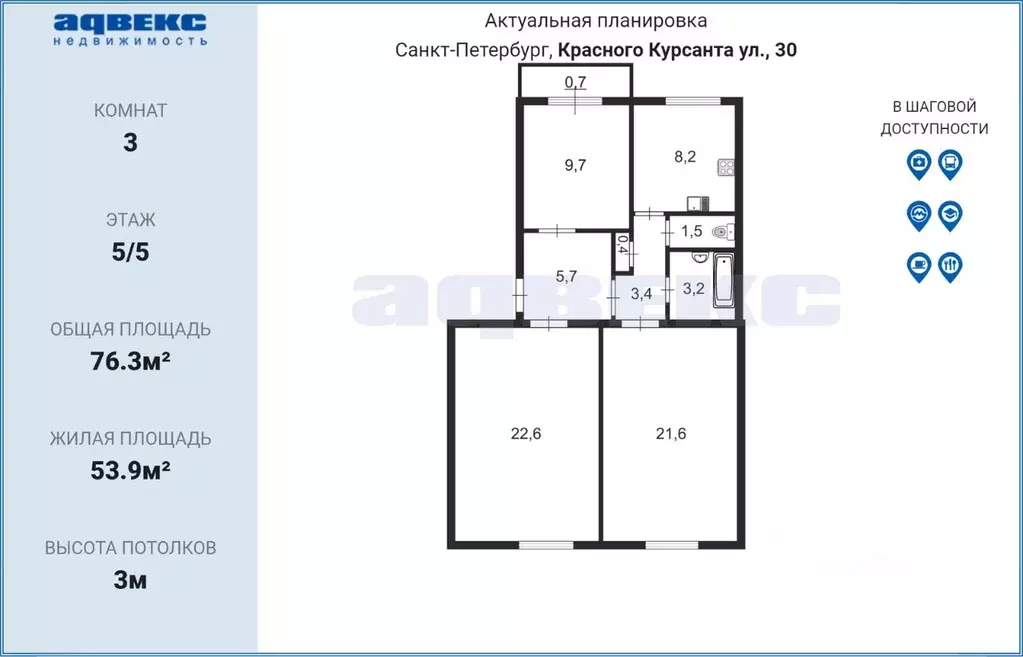 3-к кв. Санкт-Петербург ул. Красного Курсанта, 30 (76.3 м) - Фото 1