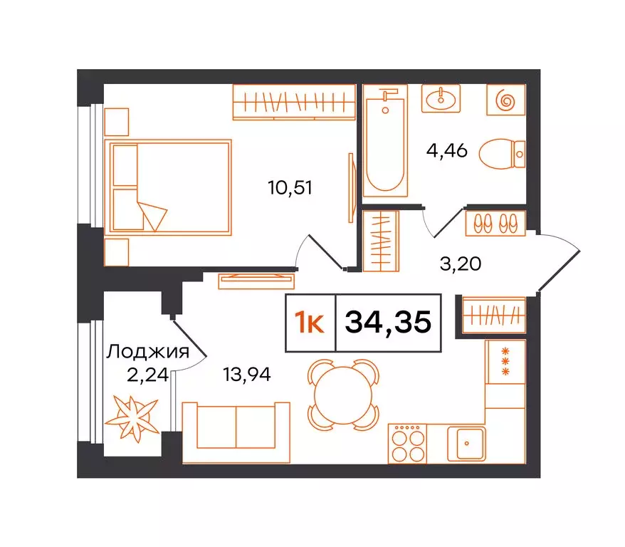 1-комнатная квартира: Тюмень, Полевая улица, 117к13 (34.35 м) - Фото 1