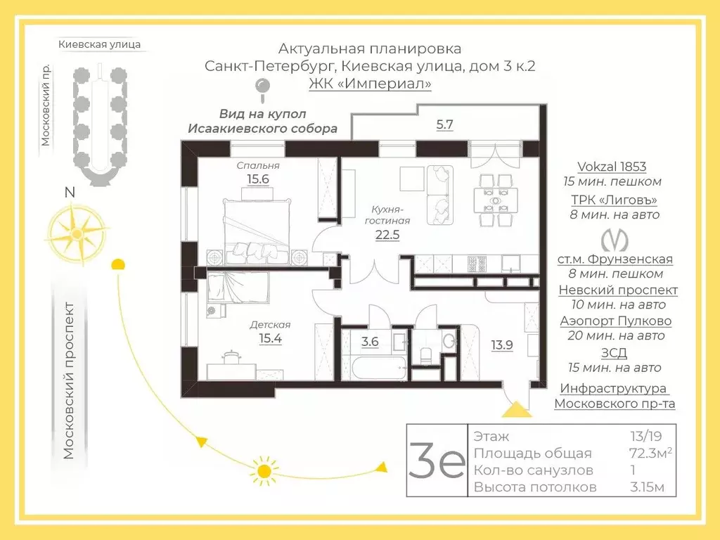 2-к кв. Санкт-Петербург Киевская ул., 3к2Ж (72.3 м) - Фото 2