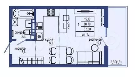 1-к. квартира, 32,6м, 1/7эт. - Фото 1