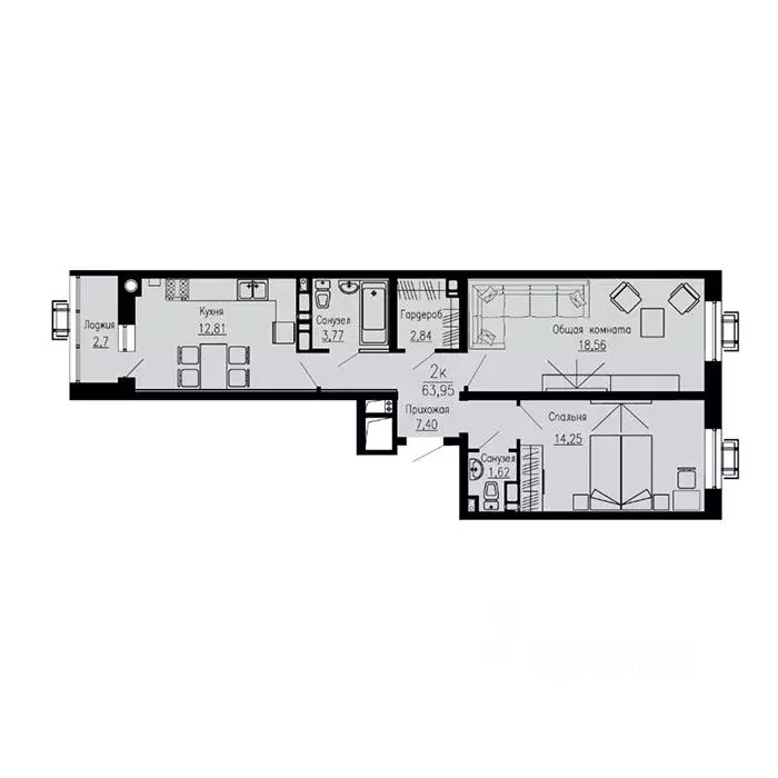2-к кв. Ставропольский край, Пятигорск Скачки мкр,  (63.95 м) - Фото 1
