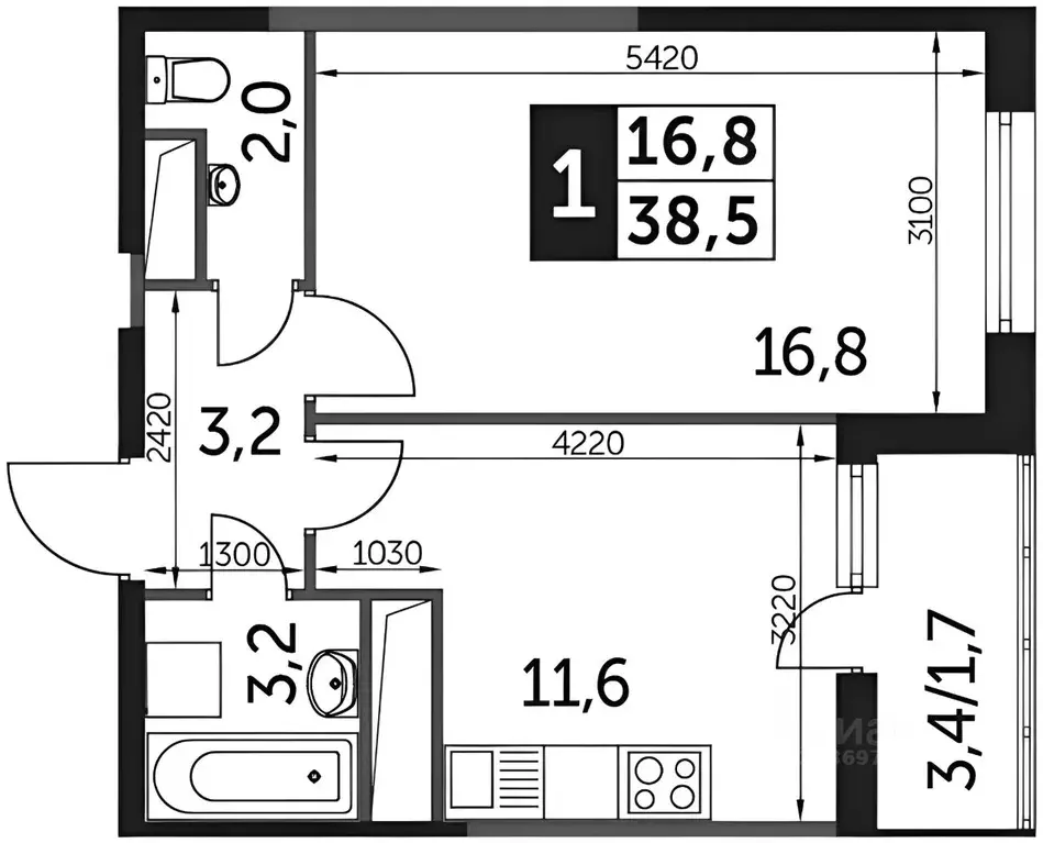 1-к кв. Московская область, Одинцово ул. Сколковская, 9А (40.0 м) - Фото 2