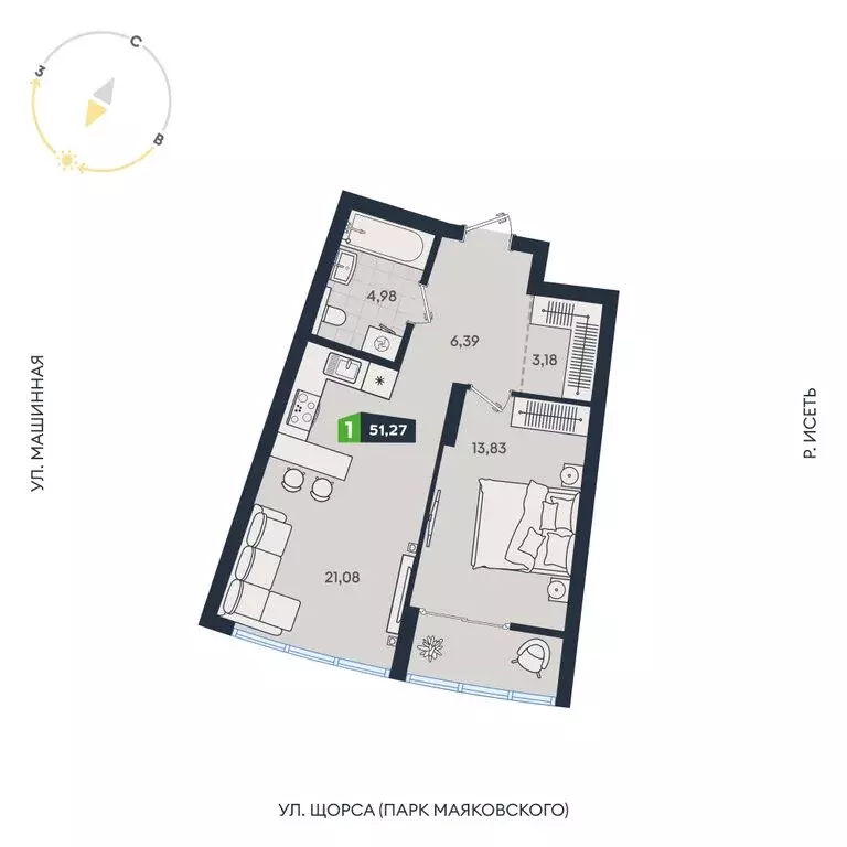1-комнатная квартира: Екатеринбург, Машинная улица, 1В/4 (51.27 м) - Фото 1