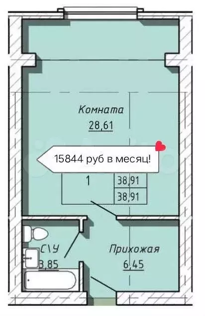 Квартира-студия, 38,9 м, 5/5 эт. - Фото 0