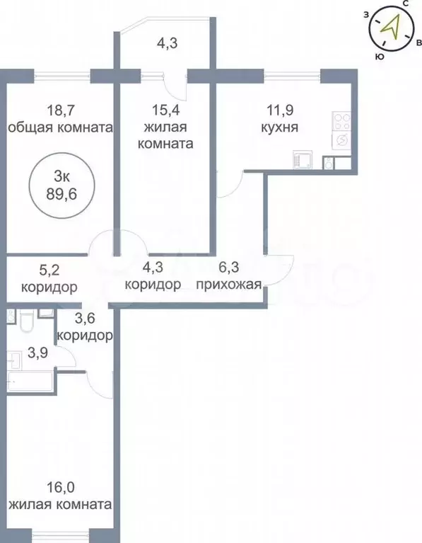 3-к. квартира, 89,6м, 5/8эт. - Фото 0