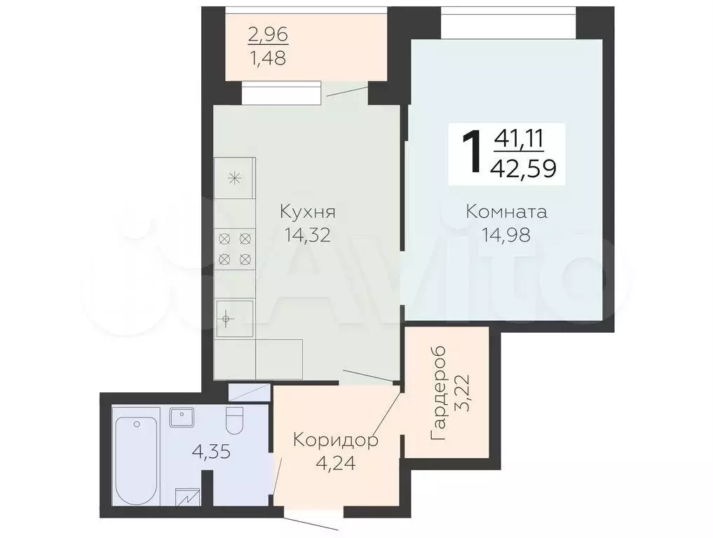 1-к. квартира, 42,6 м, 17/21 эт. - Фото 0