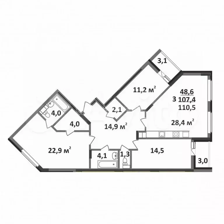 3-к. квартира, 110,5 м, 4/10 эт. - Фото 0